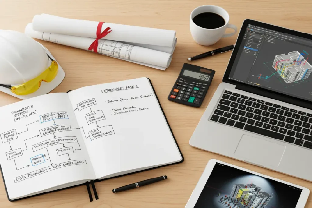 Diagrama de flujo de metodología de estudio de seguridad humana en cuaderno, planos, laptop con software REVIT, tableta con simulación de evacuación, casco y equipo