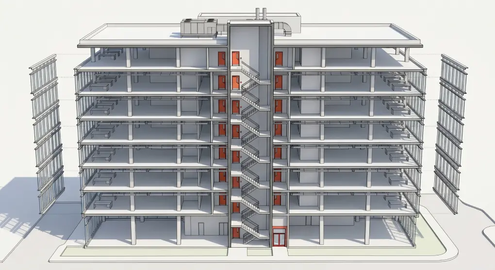 Modelo técnico BIM axonométrico explotado de un edificio corporativo contemporáneo de mediana altura, destacando la escalera de evacuación de emergencia central y protegida con puertas cortafuego rojas.