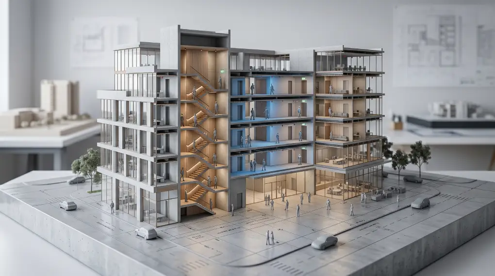 Sección arquitectónica hiperrealista de un edificio contemporáneo que visualiza un Estudio de Seguridad Humana. La maqueta física premium revela rutas de evacuación integradas, escaleras protegidas con iluminación de emergencia, flujo de ocupantes simulado y sistemas de protección contra incendios, cumpliendo con las normativas NFPA y NSR-10. Presentación conceptual de concurso internacional con estética BIM y materialidad de concreto y madera.