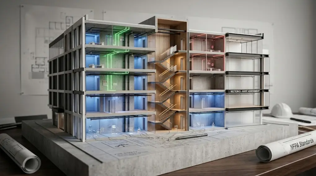 Maqueta arquitectónica premium en vista expandida que ilustra una auditoría técnica estructural y revisión de sistemas de seguridad contra incendios según normativa NFPA
