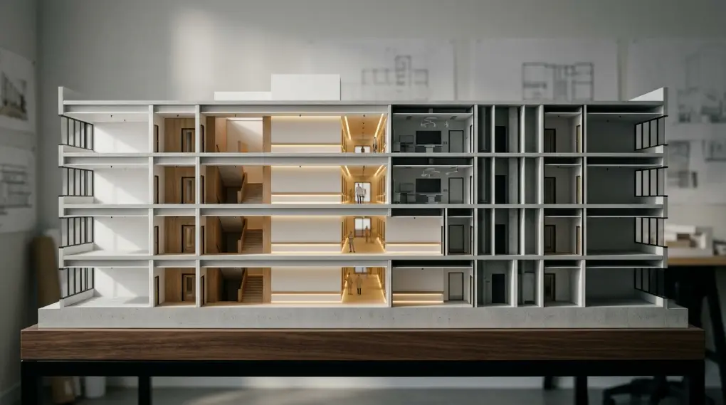 Maqueta arquitectónica hiperrealista en corte de un hospital moderno. Muestra rutas de evacuación iluminadas, áreas médicas compartimentadas y sistemas integrales de seguridad humana y protección contra incendios.