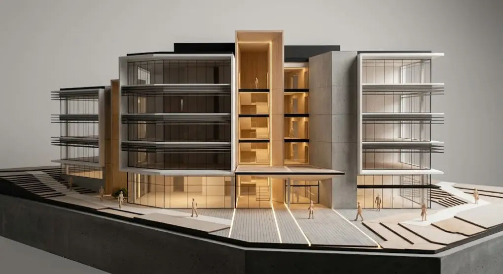 Maqueta arquitectónica isométrica de un atrio corporativo destacando vías anchas de evacuación y salidas de emergencia hacia una plaza segura, con iluminación guía en el suelo