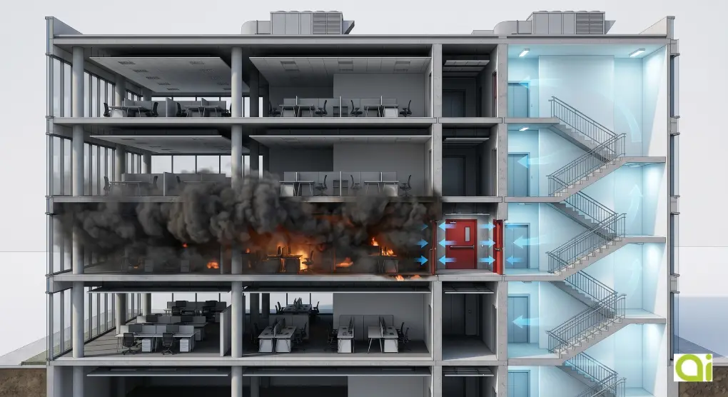 Sección arquitectónica 3D de un edificio moderno de oficinas durante un incendio contenido en la tercera planta. A la derecha, se muestra una escalera protegida y presurizada a prueba de humo, señalizada con flechas azules de flujo de aire mecánico contra una puerta cortafuego roja